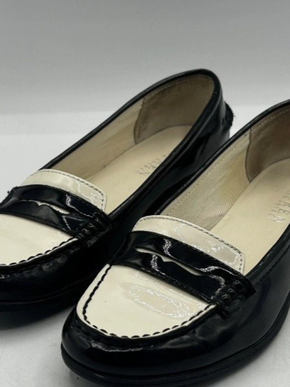 Lauren Ralph Lauren Gaston Two Tone Black And Ivory Patent Leather Penny Loafers